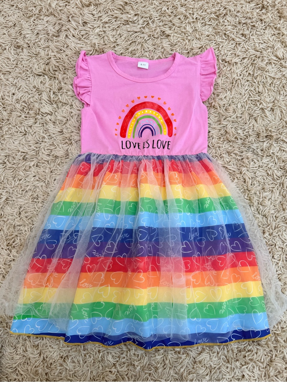Girls Rainbow “Love Is Love” Dress – Size 6‑7Y – Good Condition - Picture 4 of 5